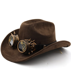 Steampunk brown suede cowboy hat with gear goggles and spikes for cosplay events