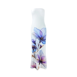 Detail of the blue and purple floral print on a white strapless maxi dress fabric