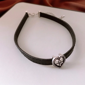 Vintage black leather heart choker necklace with adjustable silver heart pendant