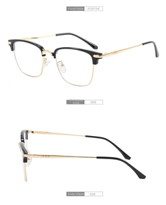 Three views showing front, 45-degree, and side of black and gold semi-rimless glasses