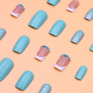 Tiffany blue and pink french press-on nails with flowers and rhinestones set
