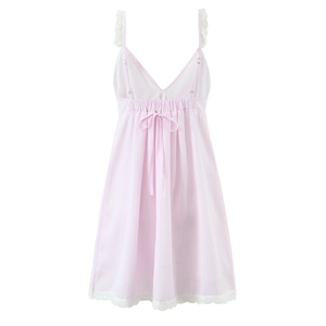 Pink and white striped mini dress with delicate white lace trim and back bow tie detail