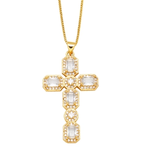 Hip-hop gold cross necklace featuring rectangular zircons and sparkling small crystals