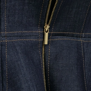 Sexy dark blue denim tube top featuring a gold metal zipper and yellow contrast stitching
