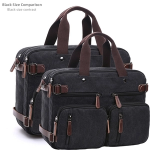 Detailed size comparison of two black canvas 3-way bags with leather trim