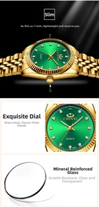 Detail view of gold watch with green sunray dial, mineral glass and 11mm slim case