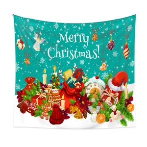 Detailed Christmas wall tapestry featuring a festive peacock green backdrop with gift patterns