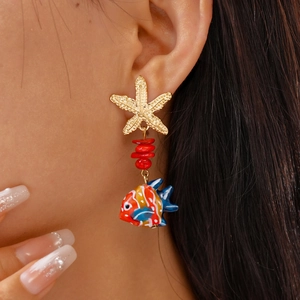 Seaside tropical fish earrings with golden starfish and colorful resin pendants