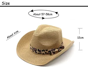 Size guide for straw cowboy hat showing 57-58cm circumference and 8cm wide brim