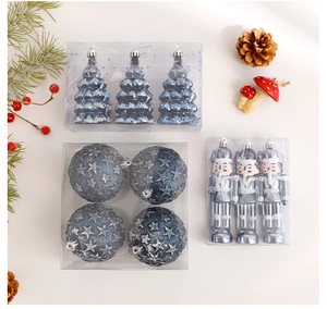 Christmas tree ornaments set featuring blue star baubles and nutcracker soldier pendants