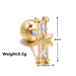 Detailed view of gold star cartilage stud with cubic zirconia and screw ball back