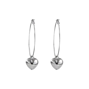 Minimalist silver heart hoop earrings with polished metallic finish on white background