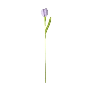Handmade crochet purple tulip flower bouquet with green leaf on a white background