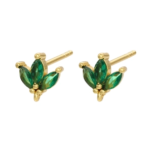 Elegant gold leaf earrings with green marquise stones and zircon micro-inlay