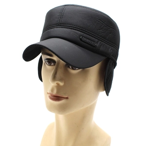 Men's winter flat top hat in black with ear flaps for cold weather protection