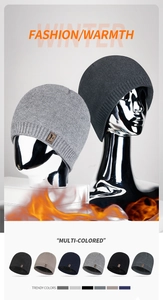 Multi-colored knitted winter beanies for men with soft fleece lining and logo patch