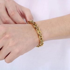 Men's gold titanium Byzantine link chain bracelet with a classic woven design