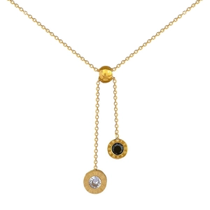 Minimalist titanium steel gold necklace featuring roman numeral pendants and black gems