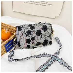 Detail of floral lace shoulder bag featuring 3D flowers and sparkling sequins