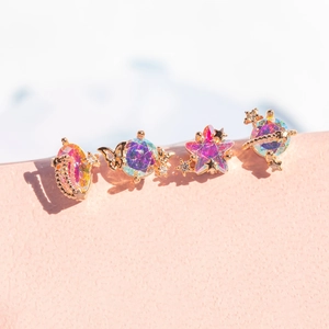 Celestial Stud Earrings 18K Gold Plated Brass Star Moon Planet Iridescent Zircon With Earring Post