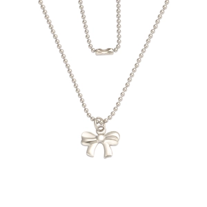 Detailed view of a silver beaded chain necklace featuring a delicate bow pendant