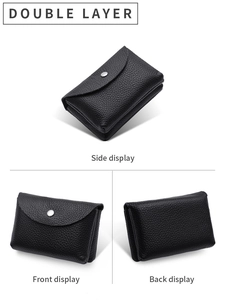 Detailed side, front and back views of a double layer black genuine leather mini coin purse