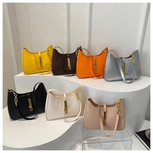 Detailed view of hobo bag collection in seven colors with chic gold chain accents