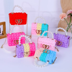 Kids Girls Heart Pop Fidget Crossbody Bag Silicone Shoulder Handbag With Imitation Artificial Pearl Handle And Alloy Chain Strap Cute