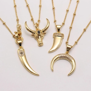 Gold plated horn crescent pendant necklaces set with zircon inlay on bead chain