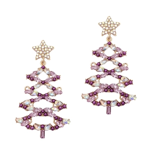 Luxurious gold Christmas tree earrings with colorful crystals and star detail on top