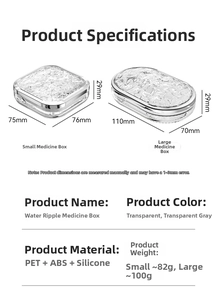 Water ripple medicine box specifications for small square and large oval pill organizers
