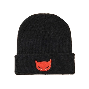 Fashionable black knitted beanie hat with red embroidered devil horns for autumn and winter