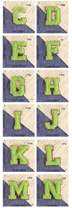 Size and weight specification chart for green chenille letter patches from C to N