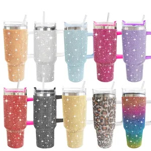 40oz rhinestone vacuum insulated tumbler with cow print and straw for car cup holder
