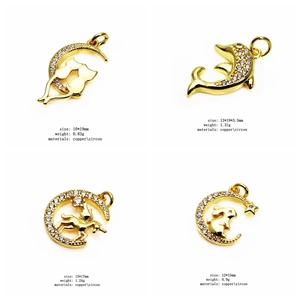 Detailed grid of four gold zircon charms featuring moon, cat, and dolphin shapes