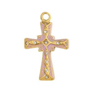 Detailed view of a gold-plated stainless steel cross pendant with purple enamel and crystals