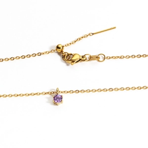 Minimalist 18K gold plated stainless steel necklace with purple round zircon pendant