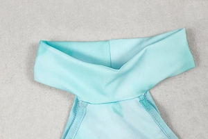 Detail of light blue halter neck collar with premium stitching on stretch fabric