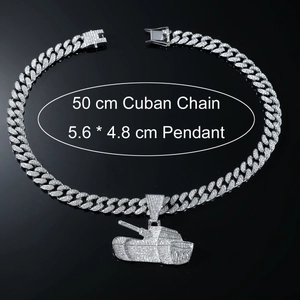 Silver iced-out tank pendant with 50cm Cuban chain necklace in hip hop style