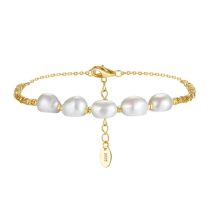 Elegant S925 sterling silver pearl bracelet featuring five white baroque pearls on a gold chain