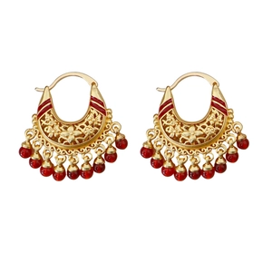 Retro Chinese style earrings with golden metal, red beads and elegant silk tassels