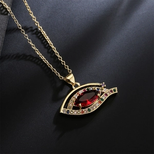 Luxury gold-plated evil eye necklace with red gemstone and colorful zircon accents