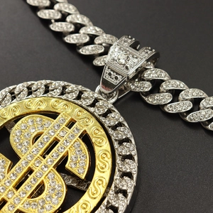 Pendentif dollar rotatif doré avec chaîne cubaine sertie de strass pour style hip hop