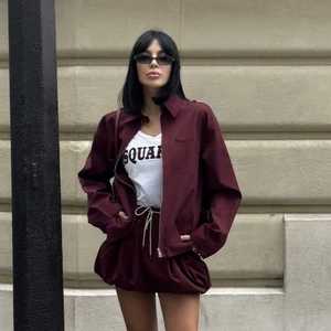 Retro American wine red jacket and shorts set with a white T-shirt on a model