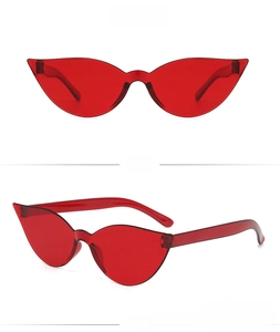 Detailed front and side views of bright red cat-eye sunglasses with integrated frames