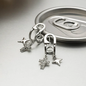 Silver stainless steel paperclip earrings with zircon cross and star pendants