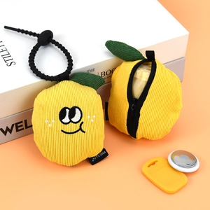 Cute lemon-shaped corduroy foldable shopping bag charm with a cartoon smile embroidery