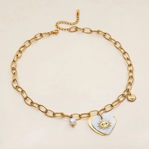 Close-up of 18K gold stainless steel chain with white heart shell and pearl pendants