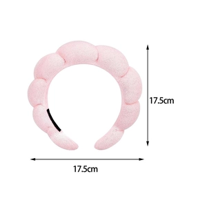 Pink sponge spa headband showing 17.5cm dimensions for skincare and yoga routine