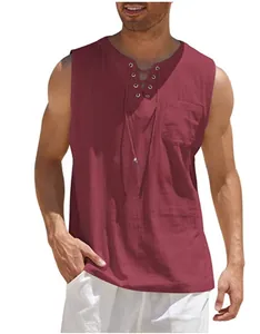 Detail of burgundy linen sleeveless shirt featuring V-neck lace-up and chest pocket